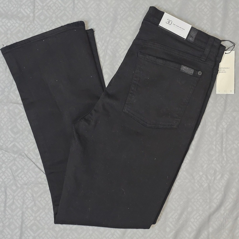 NWT 7 For All Mankind Black High Waisted Slim Kick Distressed‎ Jeans Size 30